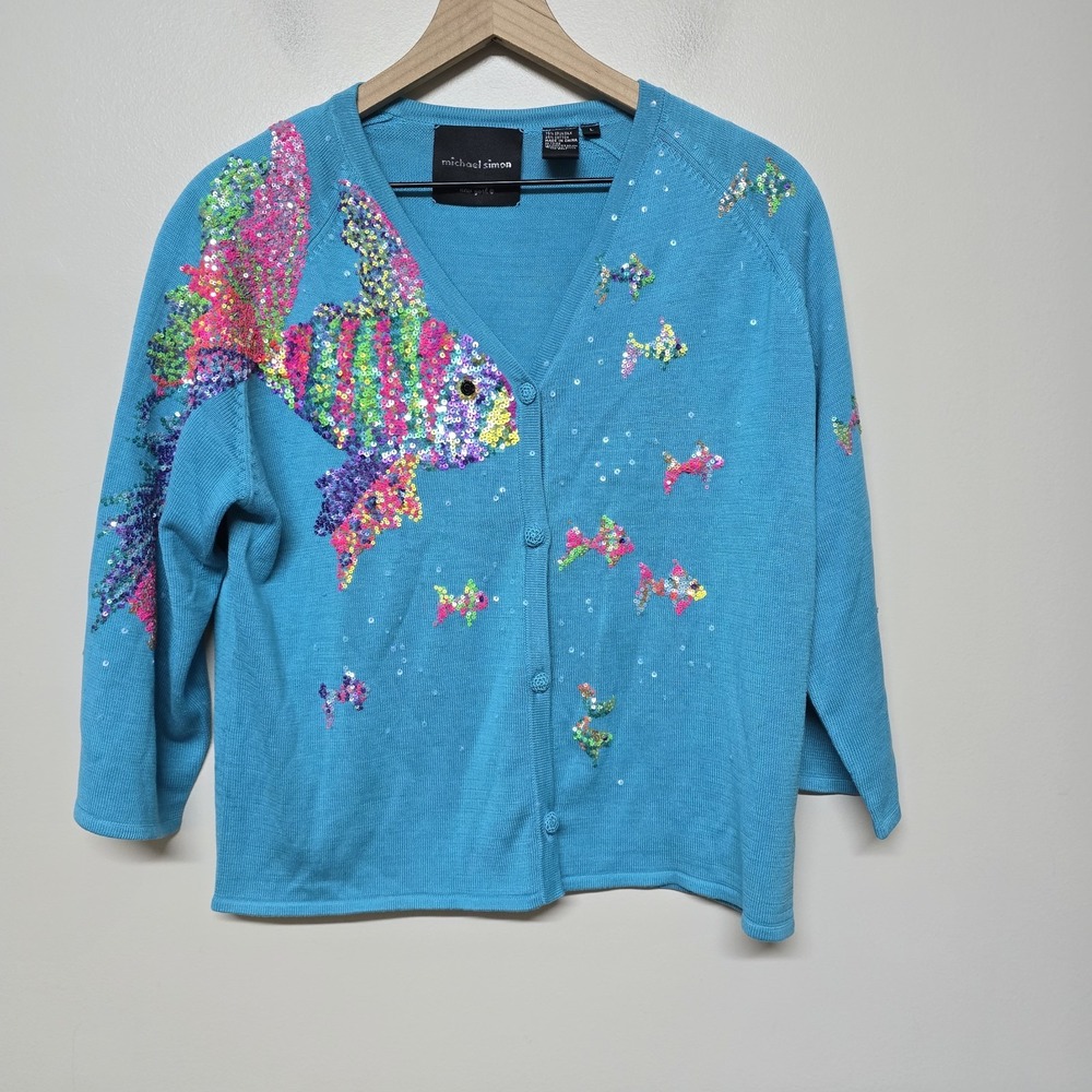 Michael Simon Cardigan Tropical Fish Coral Aquarium Wearable Art Sz L Resort